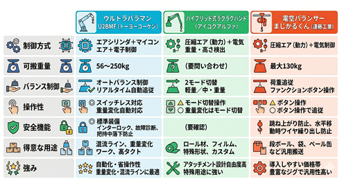 ハイブリット式バランサの比較表